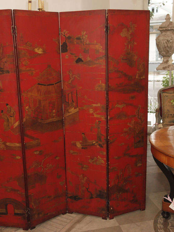 English 19th Century Red Lacquer Five-Panel Screen For Sale