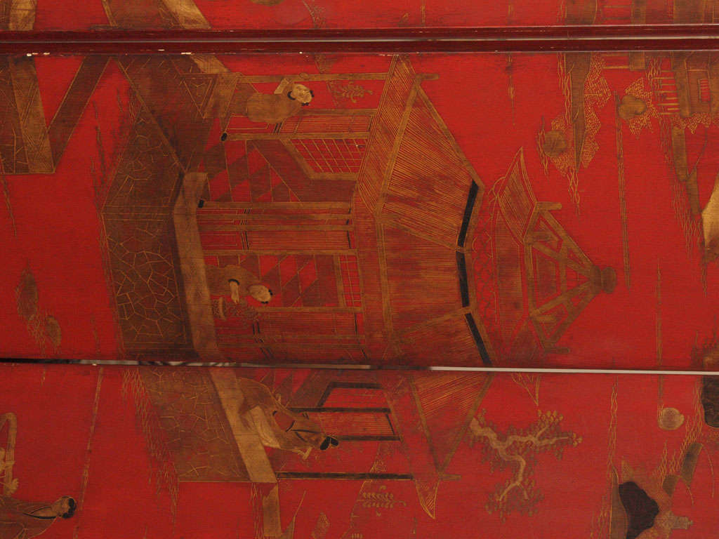 19th Century Red Lacquer Five-Panel Screen For Sale 2