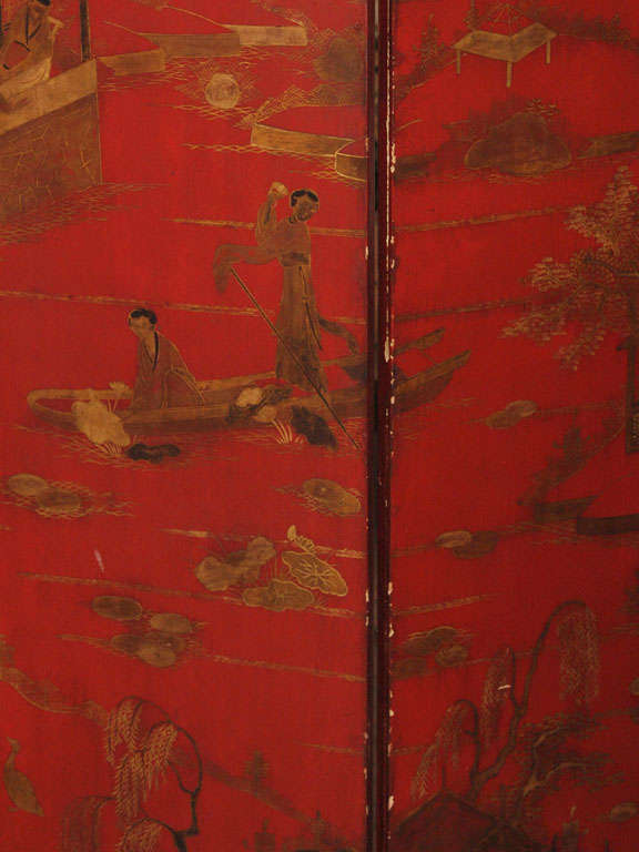 19th Century Red Lacquer Five-Panel Screen For Sale 3
