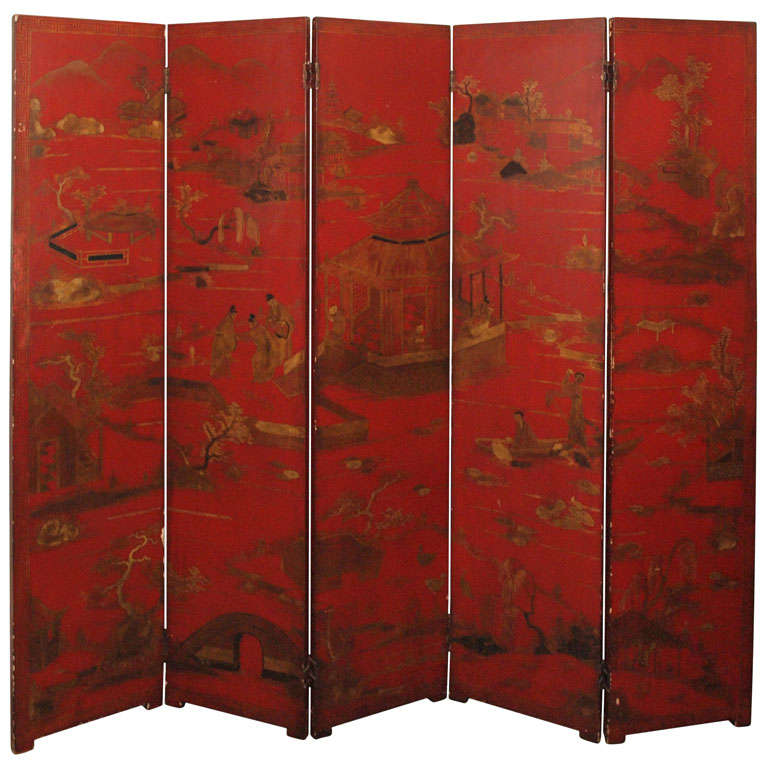 19th Century Red Lacquer Five-Panel Screen For Sale