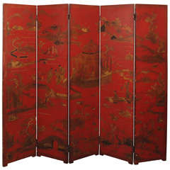 19th Century Red Lacquer Five-Panel Screen