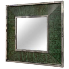 Chrome Surround Mirror with Painted Faux Wood Patterning by Anthony Redmile