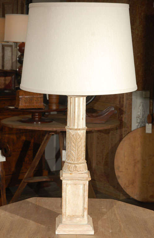 Fluted and Leaf Carved Plinth-Based Lamp from France with Custom Linen Shade
