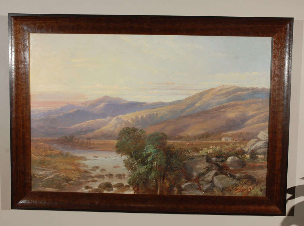 A scenic landscape with a river in soft light. Oil on canvas in wood frame, unsigned.