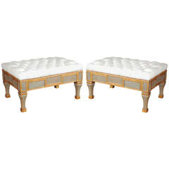 Pair of Gold Leafed Benches with Tufted Leather Seats