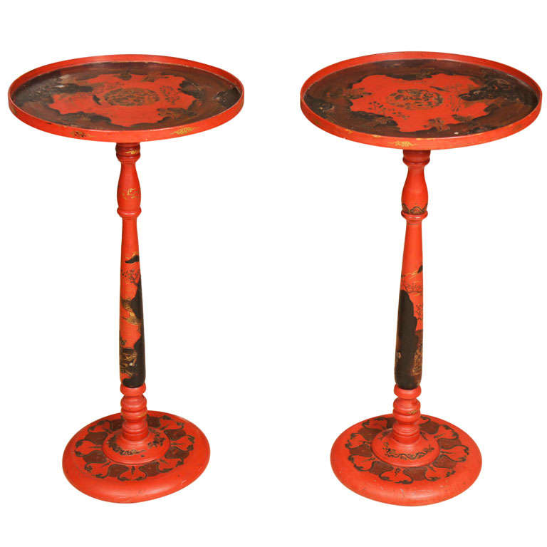 Pair red lacquer round end tables with Chinese style decoration