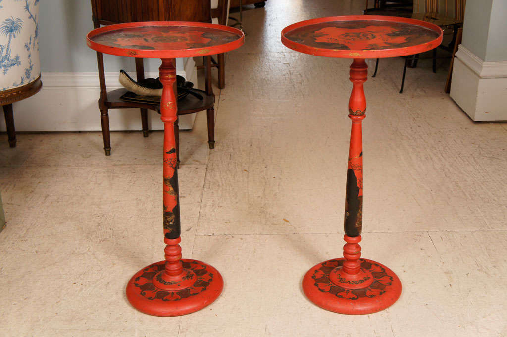 Pair red lacquer round end tables with Chinese style decoration In Excellent Condition In Hudson, NY
