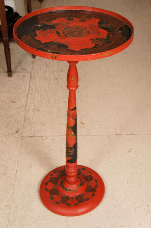 Wood Pair red lacquer round end tables with Chinese style decoration