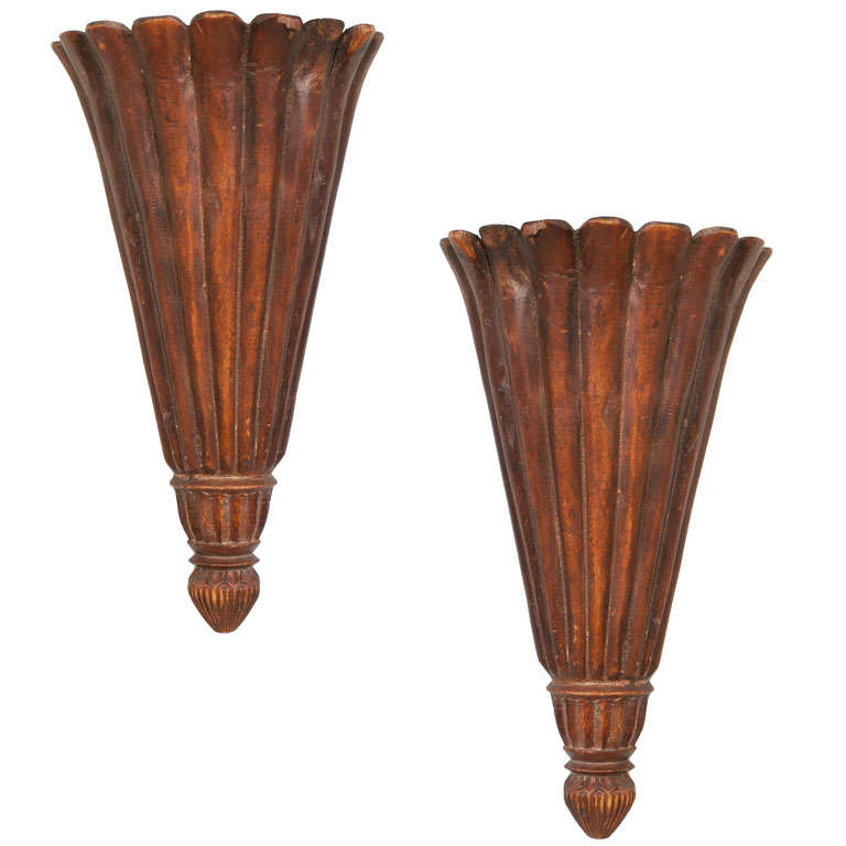 Neoclassical Style Carved Wood Trumpet-Form Wall Lights For Sale