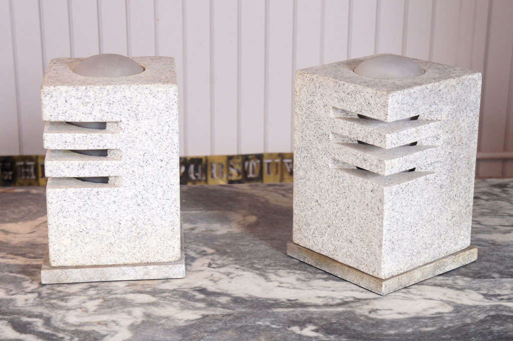 cut granite cubes - each has three sliced openings on opposing corners - circular domed light on top - rests on wood faux painted base - frosted glass interior chimney and dome - totally rewired for interior use - adaptable for exterior use