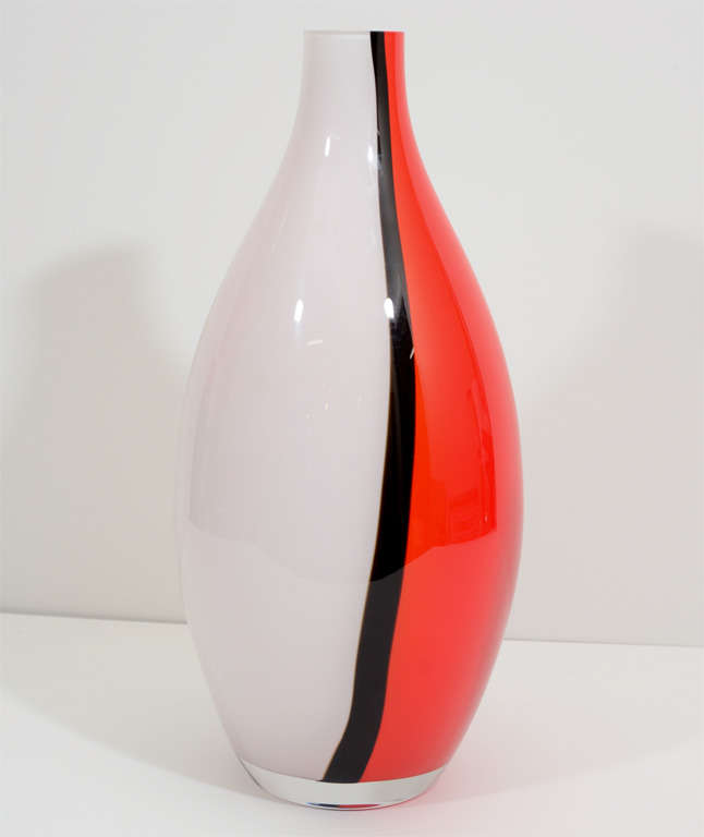20th Century Vintage Red, White and Black Art Glass Vase