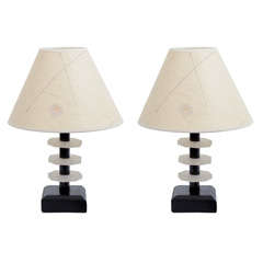 A Pair of Mid Century Ebonized Wood and Frosted Lucite Desk Lamps