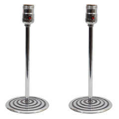 Pair of Art Deco Chrome Table Lamps with Circular Detailing