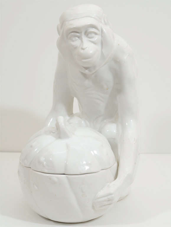 Mid Century Italian Majolica Monkey with a Gourd Bowl