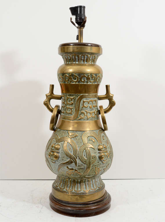 Pair of Asian Inspired Bronze Table Lamps with Green Patina