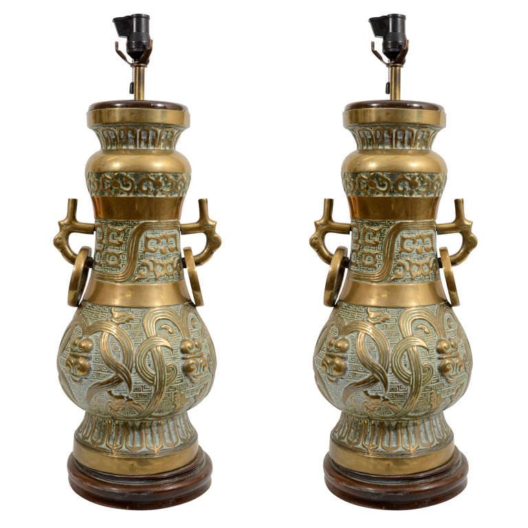 Pair of Asian Inspired Bronze Table Lamps with Green Patina