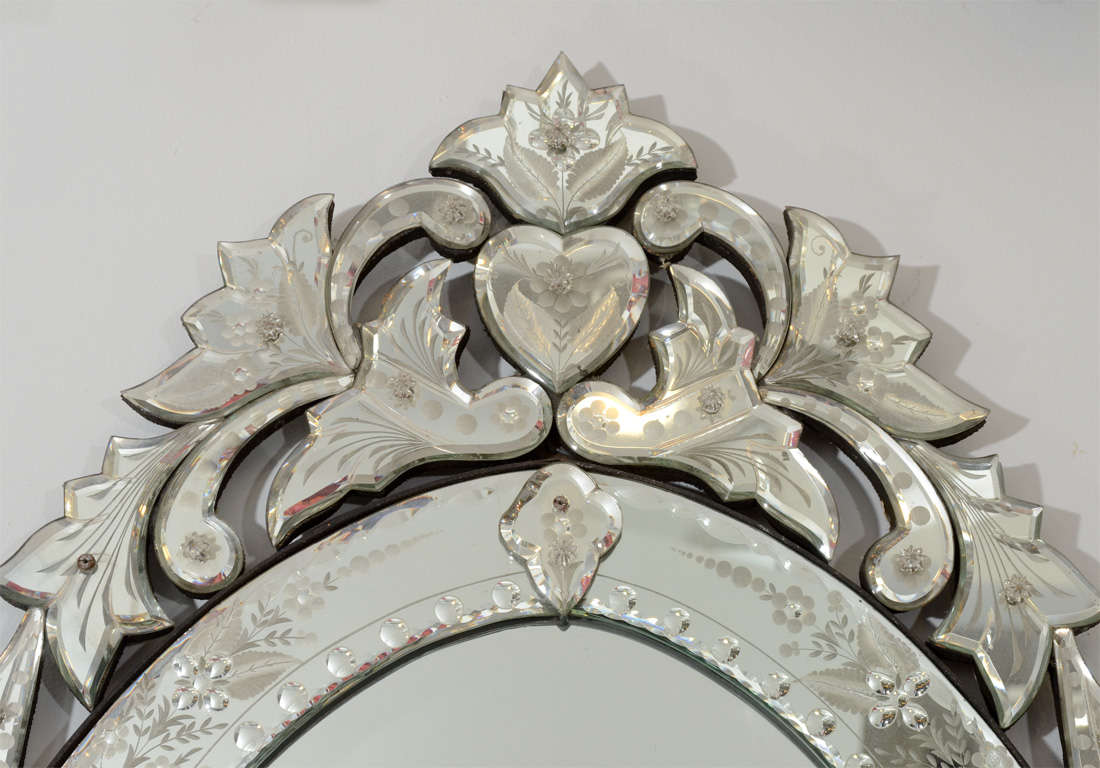 Italian Mid Century Oval Venetian Mirror with Scrolling and Heart Detail