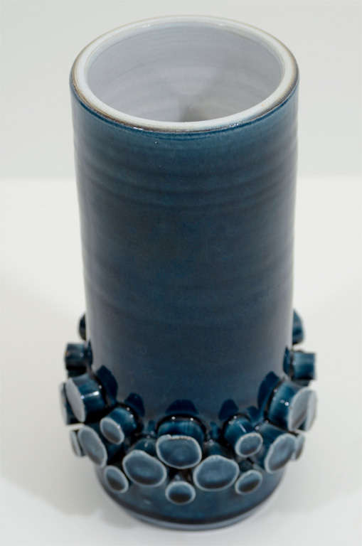 Mid Century Teal Blue Vase with "Knob" Band Detailing by Hans Welling