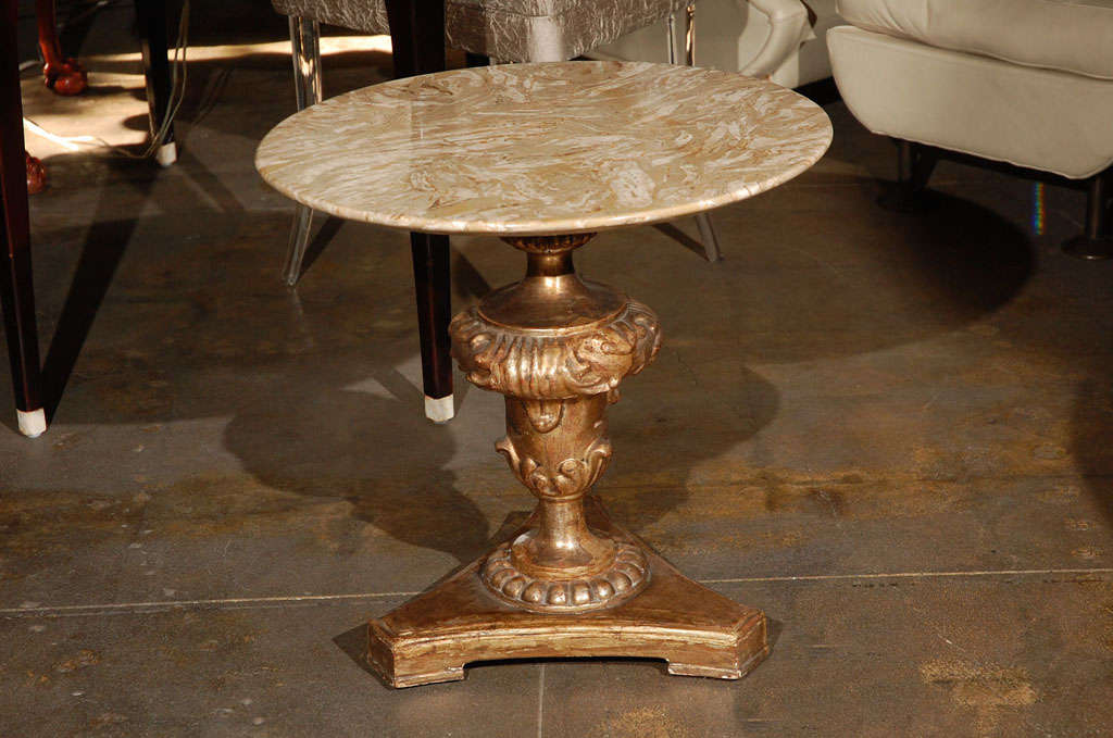 Italian gilded wooden urn shaped base late 18th century and later marble top, circa 1950.