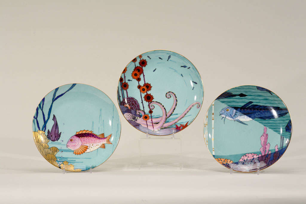 This set of 12 extraordinary Art Deco plates are completely hand painted and signed G. Neilz, Delvaux Paris; Atelier Neilz; Limoges, France. Please see all the imaginative images showing 