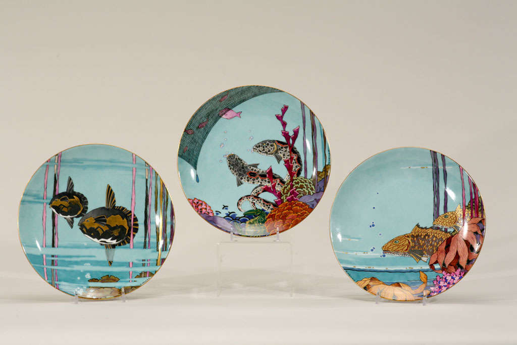 French Set of 12 Art Deco Hand Painted Aquatic Plates-G. Neilz For Sale