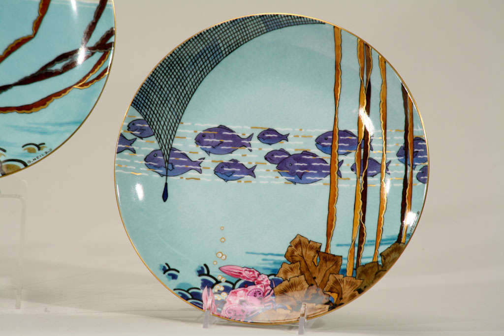 Porcelain Set of 12 Art Deco Hand Painted Aquatic Plates-G. Neilz For Sale