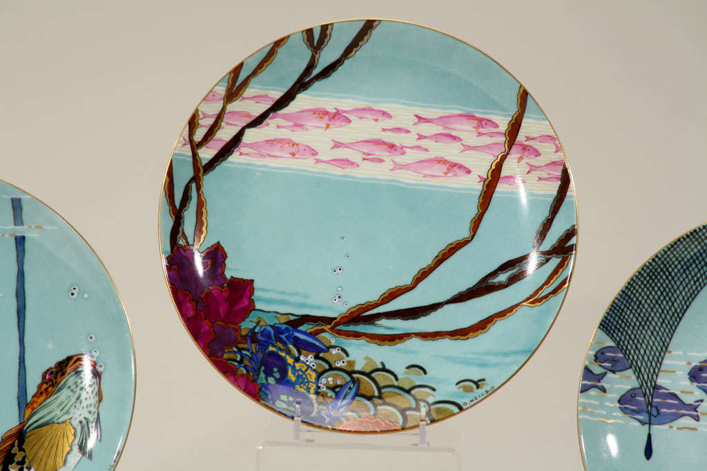 Set of 12 Art Deco Hand Painted Aquatic Plates-G. Neilz For Sale 1