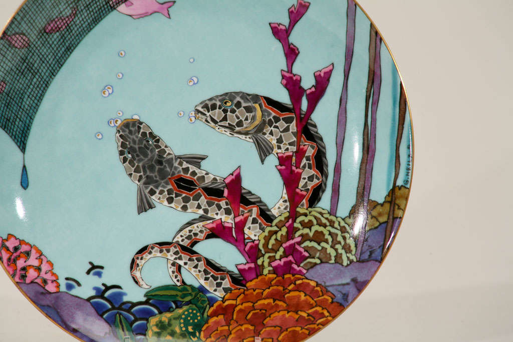 Set of 12 Art Deco Hand Painted Aquatic Plates-G. Neilz For Sale 2