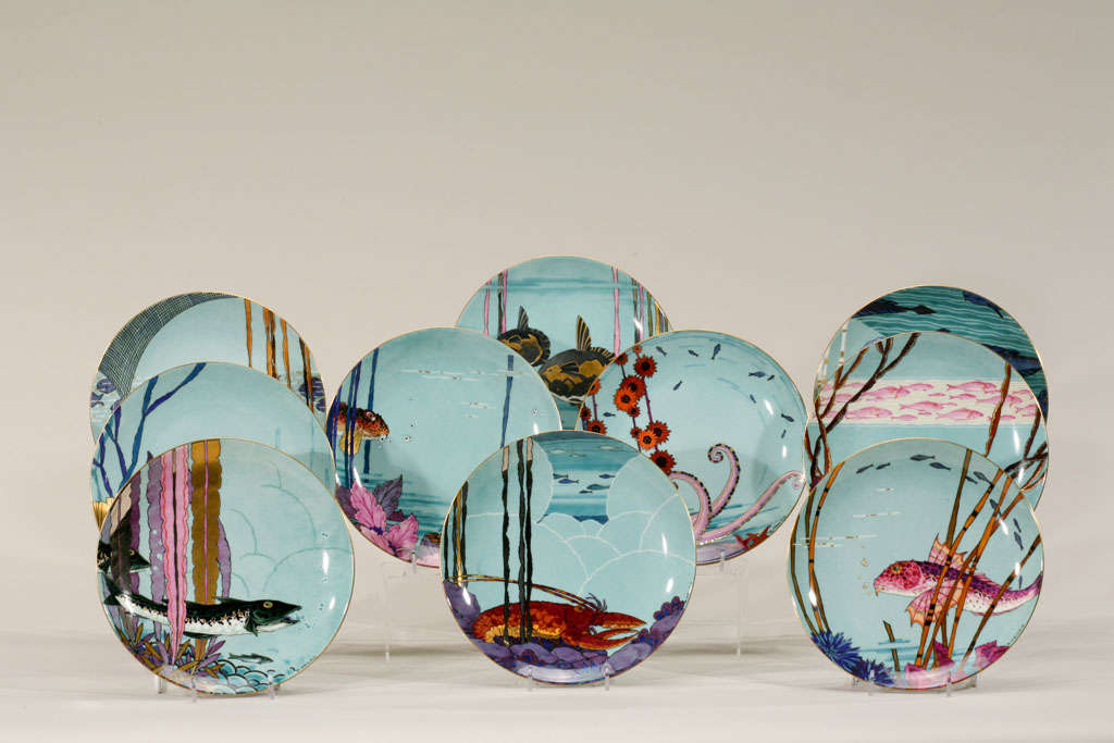 Set of 12 Art Deco Hand Painted Aquatic Plates-G. Neilz For Sale 5