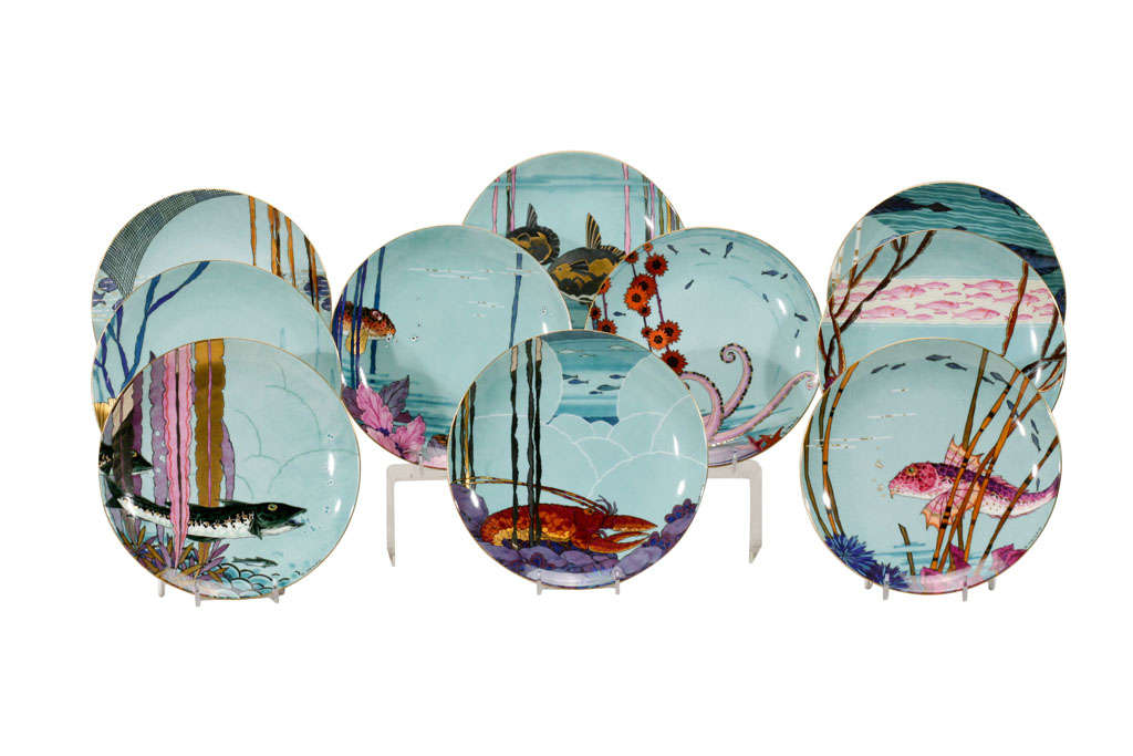 Set of 12 Art Deco Hand Painted Aquatic Plates-G. Neilz For Sale