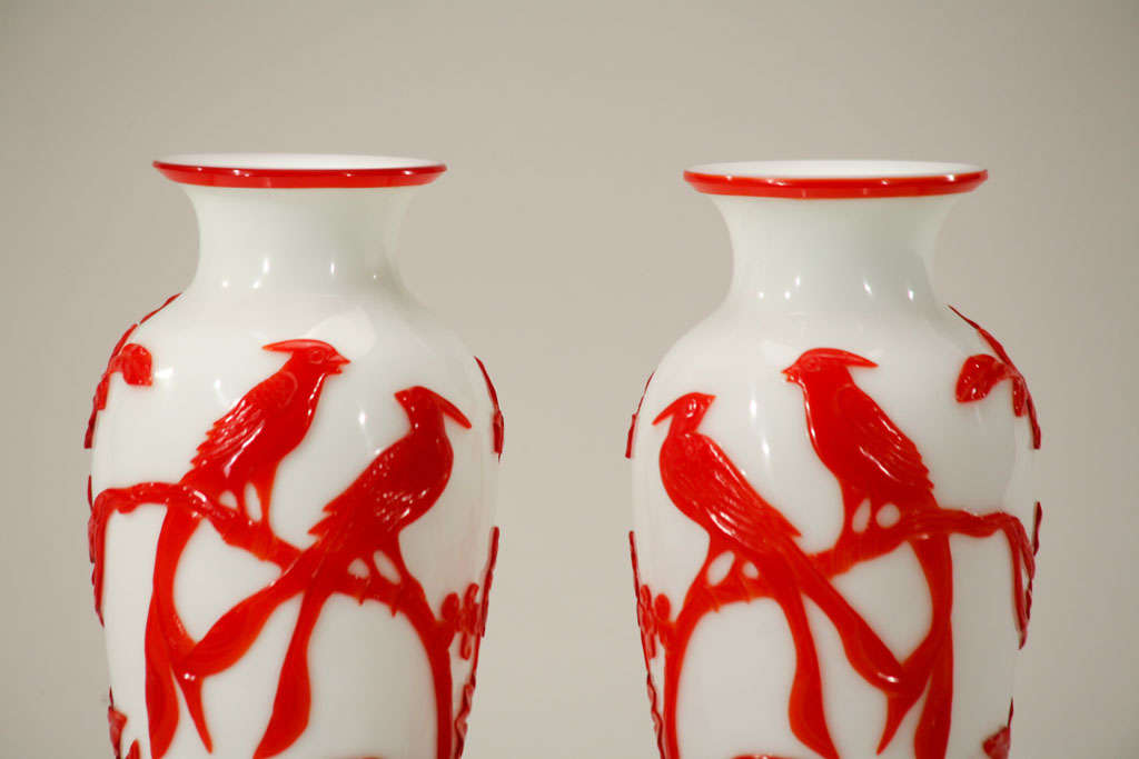 Pair of Chinese Peking Glass Red Overlay Vases with Birds In Excellent Condition In Great Barrington, MA