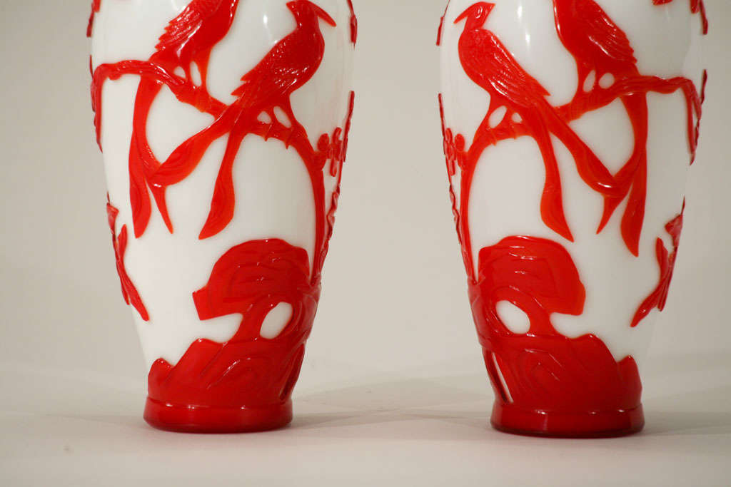 20th Century Pair of Chinese Peking Glass Red Overlay Vases with Birds