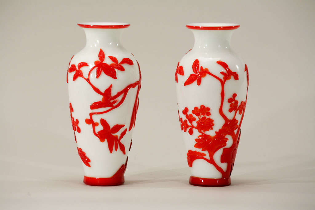 Crystal Pair of Chinese Peking Glass Red Overlay Vases with Birds