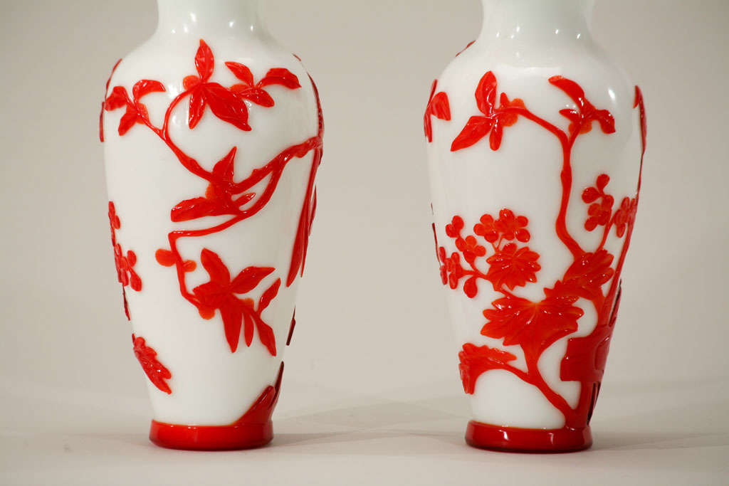 Pair of Chinese Peking Glass Red Overlay Vases with Birds 1