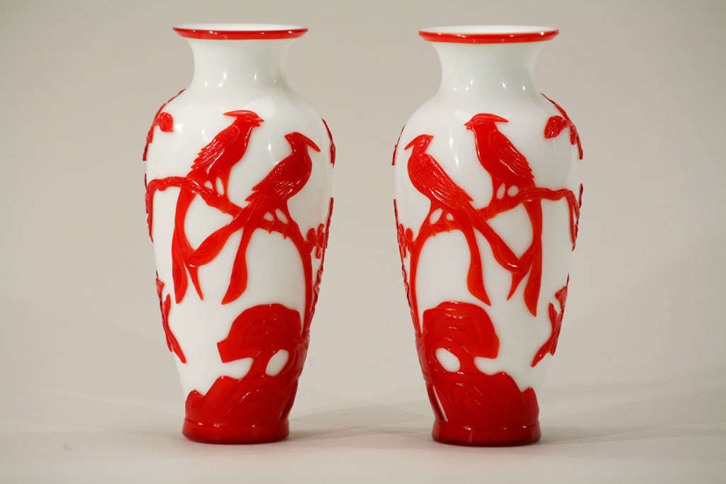 Pair of Chinese Peking Glass Red Overlay Vases with Birds 5
