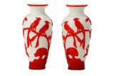 Pair of Chinese Peking Glass Red Overlay Vases with Birds