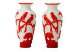 Antique Pair of Chinese Peking Glass Red Overlay Vases with Birds