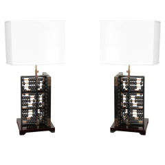 Pair of vintage brass and wood Abacus table lamps