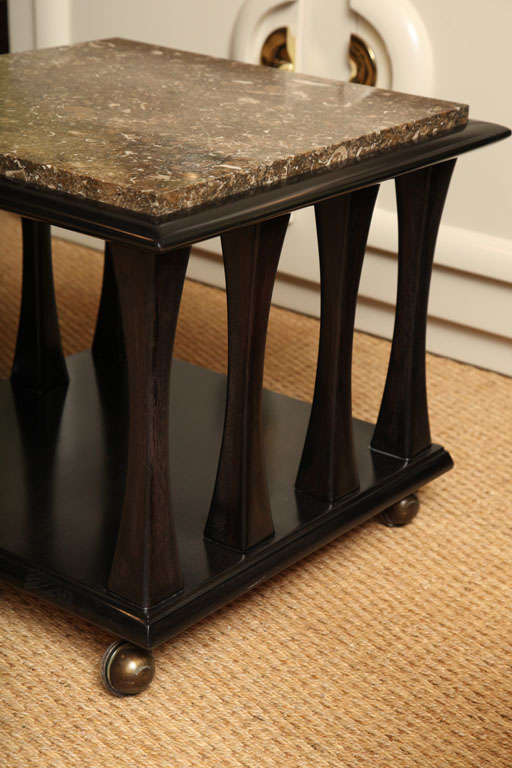 Wood Ebonized occassional tables with brown marble tops For Sale