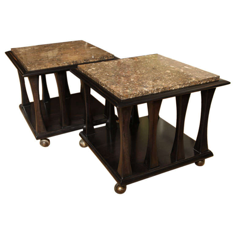 Ebonized occassional tables with brown marble tops For Sale