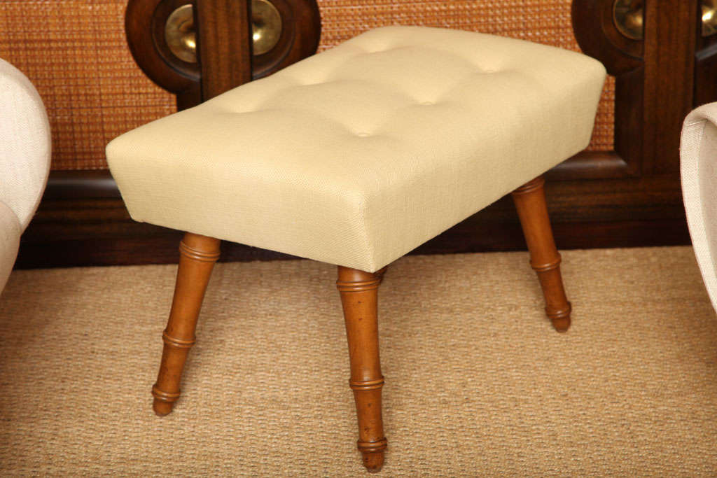 Tufted bench with faux bamboo legs, c. 1940 In Excellent Condition In New York, NY