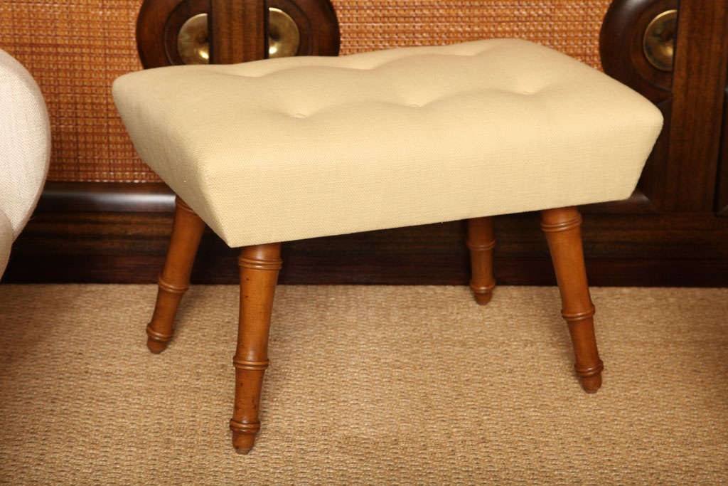 Tufted bench with faux bamboo wooden legs in the manner of Billy Haines, c. 1940