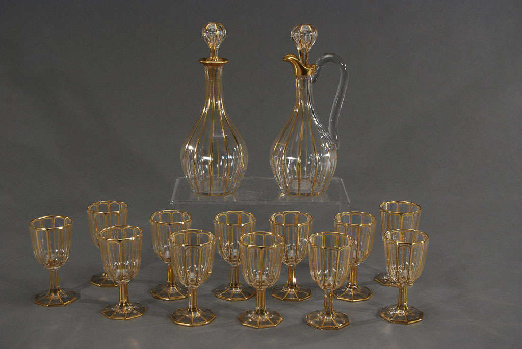 French Set of 2 Baccarat Gilded Decanters with 12 Matching Ports For Sale