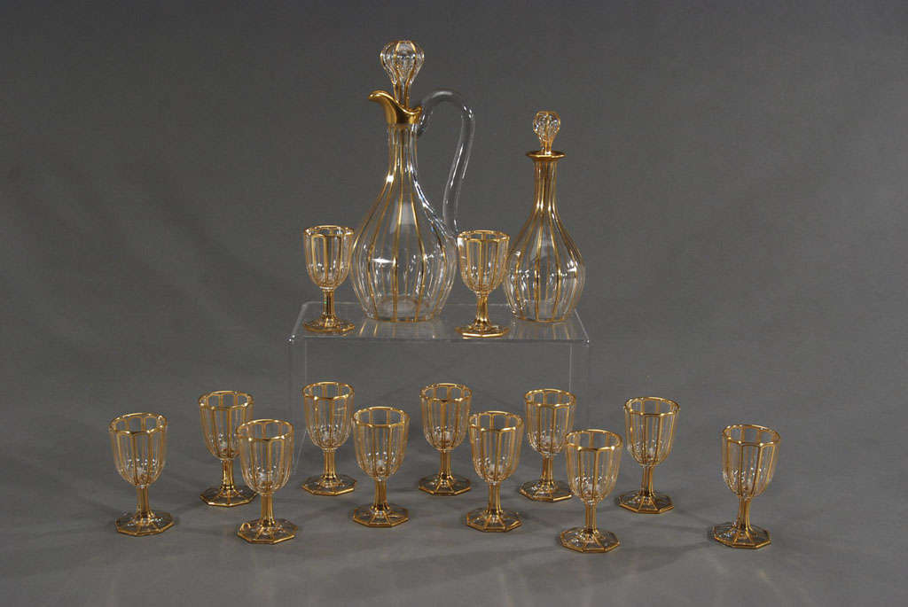 French 19th c. Baccarat Gilded Crystal Goblets & Decanters