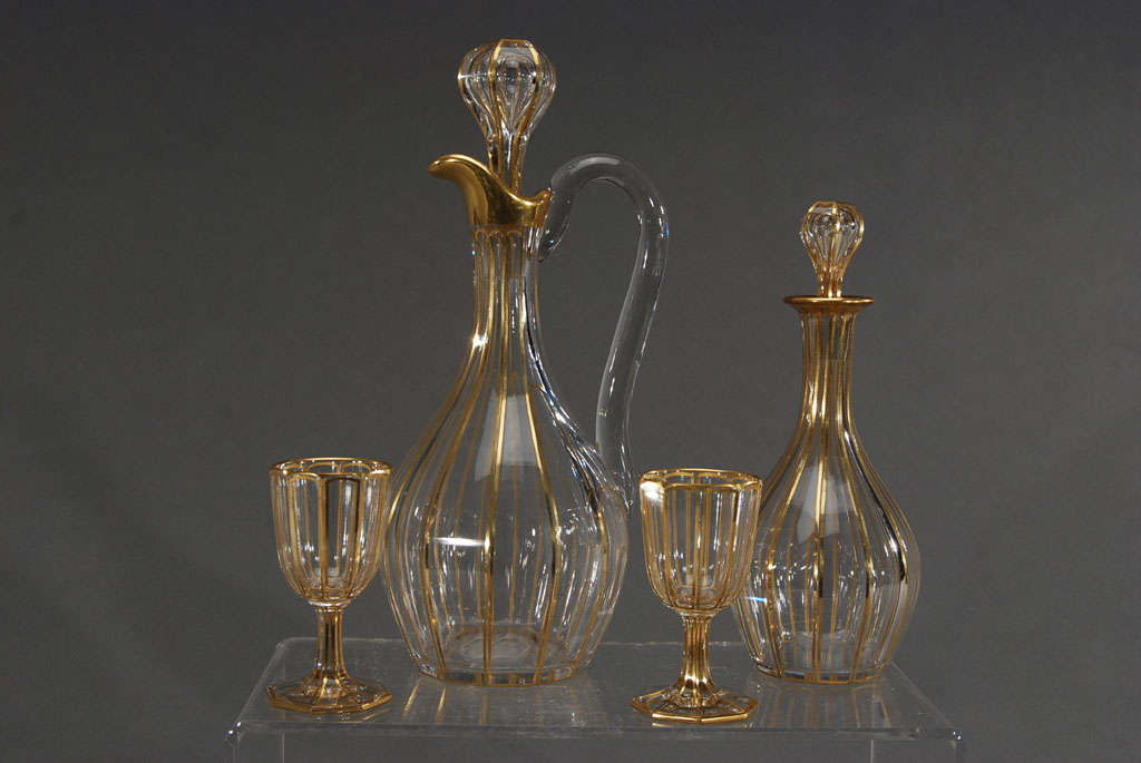 20th Century 19th c. Baccarat Gilded Crystal Goblets & Decanters