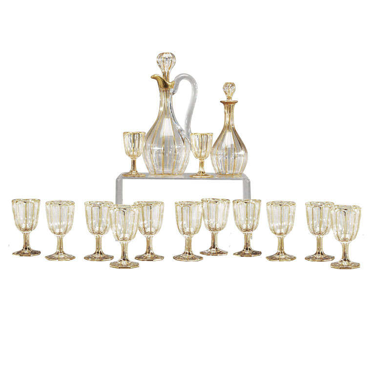 19th c. Baccarat Gilded Crystal Goblets & Decanters
