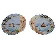 Antique Pair of 19th Century Hand-Painted Ceramic Plaques Seascapes 2-DM Birds