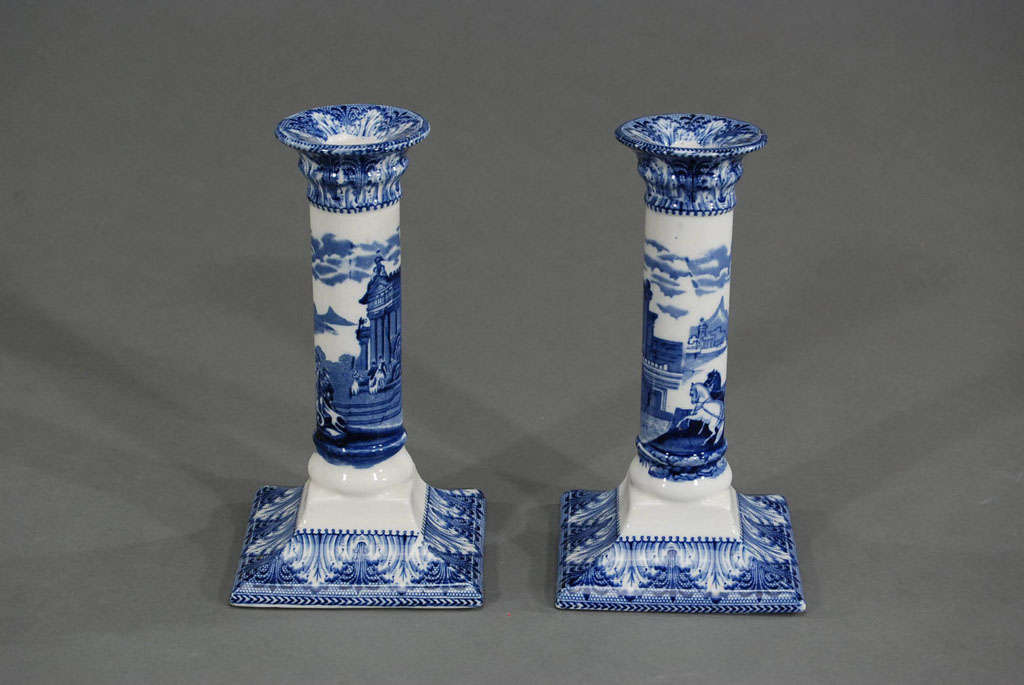 English Pair of Cauldon Porcelain Candlesticks Blue & White Transfer