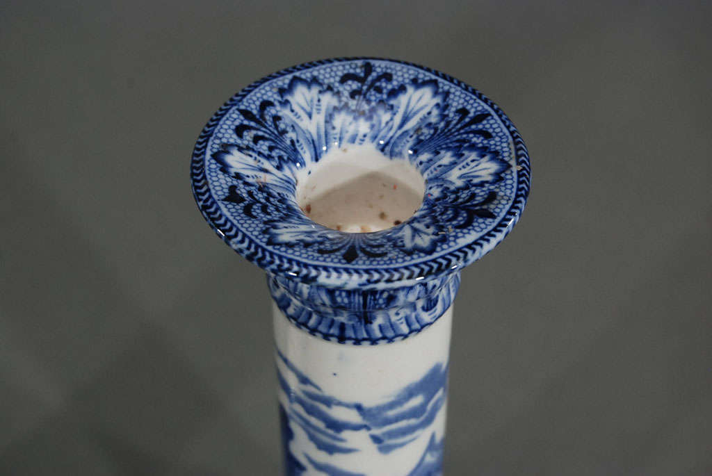 Pair of Cauldon Porcelain Candlesticks Blue & White Transfer In Excellent Condition In Great Barrington, MA