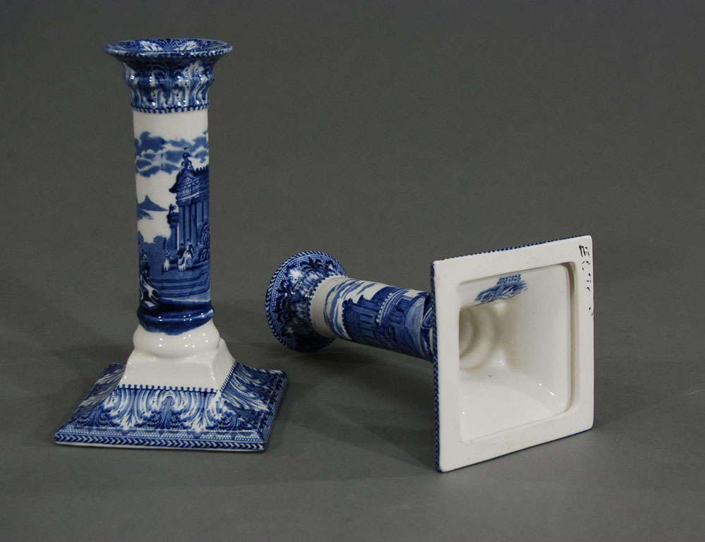 20th Century Pair of Cauldon Porcelain Candlesticks Blue & White Transfer